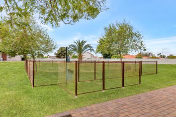 A metal fence with glass panels stands in a grassy area.