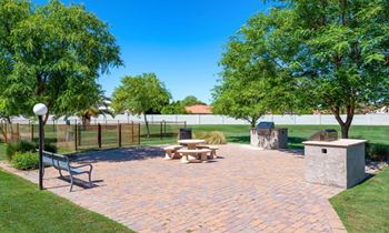 A park with a bench, picnic table, and a tree.