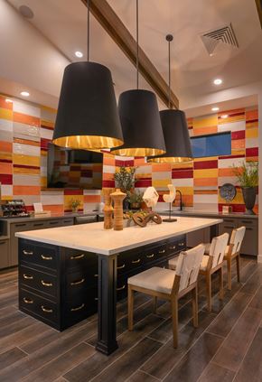 Laveen apartment for rent - the kitchen has a large island with chairs and two large hanging lights at Weylyn Luxury Apartments, Laveen, AZ, 85339
