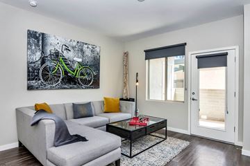 Mesa apartment for rent - A living room with a grey couch, a coffee table, and a painting of a bicycle on the wall.