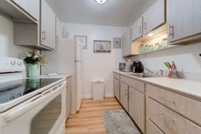 Racine apartment for rent - A kitchen with a white oven and wooden cabinets.