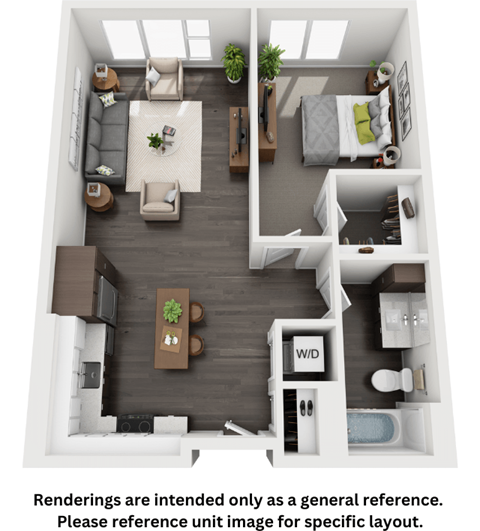 Floor plan for 1 bed, 1 bath, 721 sqft
