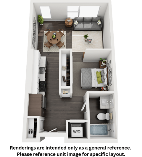 Floor plan for studio, 1 bath, 577 sqft