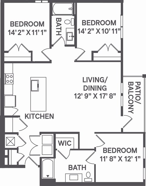 Floor plan for 3 beds, 2 baths, 1263 sqft