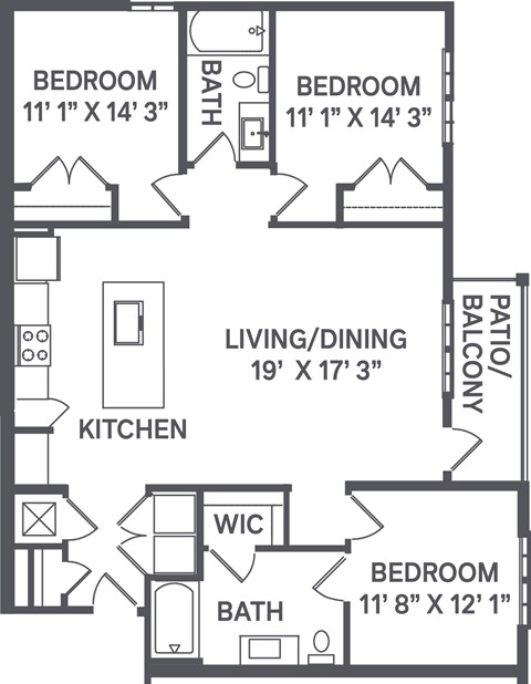 Floor plan for 3 beds, 2 baths, 1369 sqft