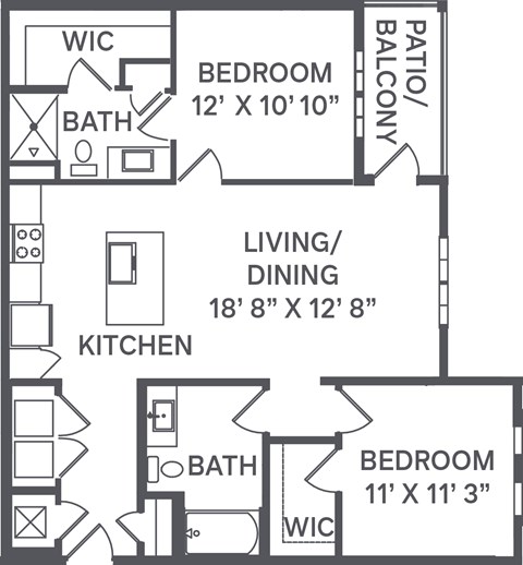 Floor plan for 2 beds, 2 baths, 1067 sqft