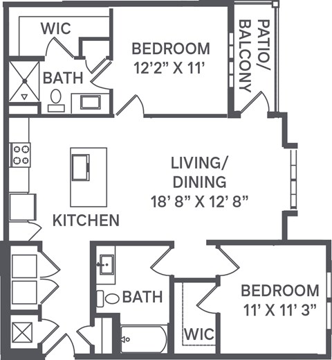 Floor plan for 2 beds, 2 baths, 1090 sqft