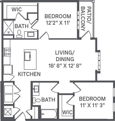 Floor plan for 2 beds, 2 baths, 1077 sqft