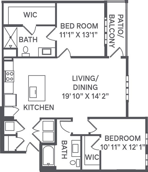 Floor plan for 2 beds, 2 baths, 1202 sqft