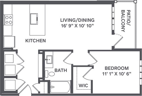 Floor plan for 1 bed, 1 bath, 689 sqft