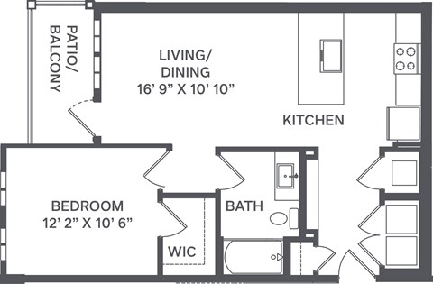 Floor plan for 1 bed, 1 bath, 701 sqft