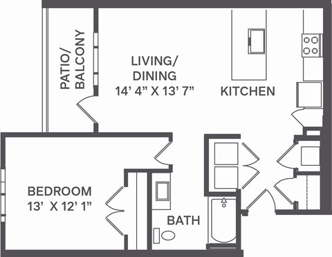 Floor plan for 1 bed, 1 bath, 761 sqft