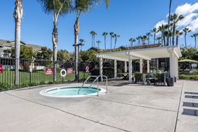 Santa Barbara apartment for rent - Goleta, CA Apartments Near UC Santa Barbara - Sumida Gardens - Spa beside Pergola with Patio Furniture, and Palm Trees.