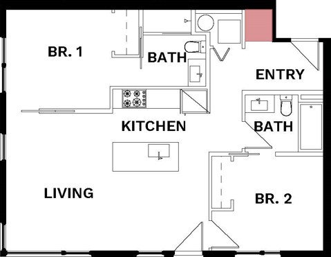 Floor plan for 2 beds, 2 baths, 908 sqft