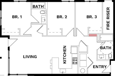 Floor plan for 3 beds, 2 baths, 1133 sqft