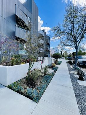 Los Angeles apartment for rent - Modern building exterior with landscaped walkway at Lido - 3714 Kelton Apartments, Los Angeles, CA 90034
