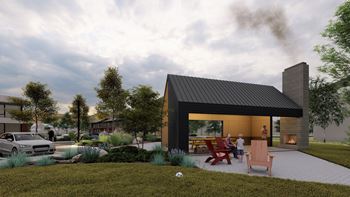 A rendering of a house with a patio and a fire pit
