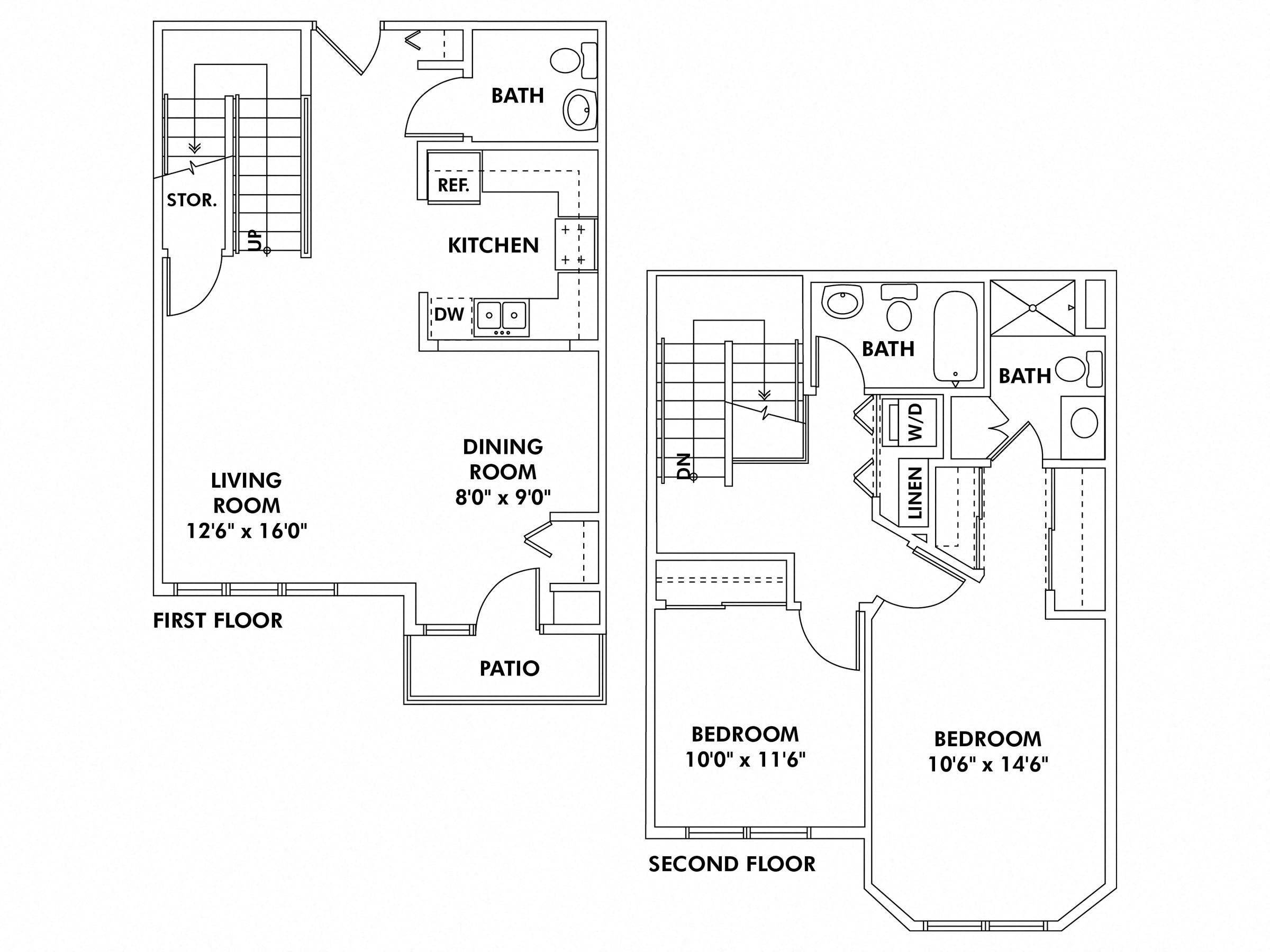 Floor plan for 2 beds, 2.5 baths, 1235 sqft