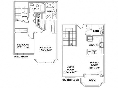 Floor plan for 2 beds, 2.5 baths, 1235 sqft