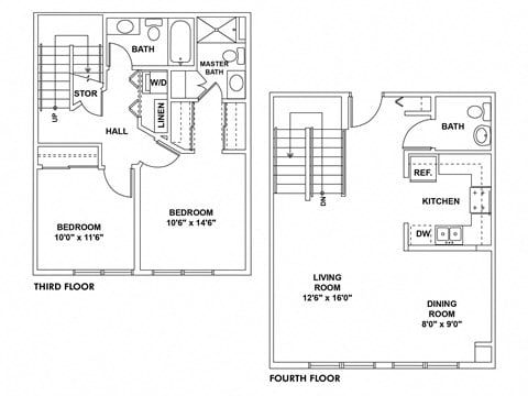 Floor plan for 2 beds, 2.5 baths, 1225 sqft