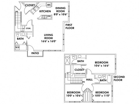 Floor plan for 3 beds, 2.5 baths, 1625 sqft