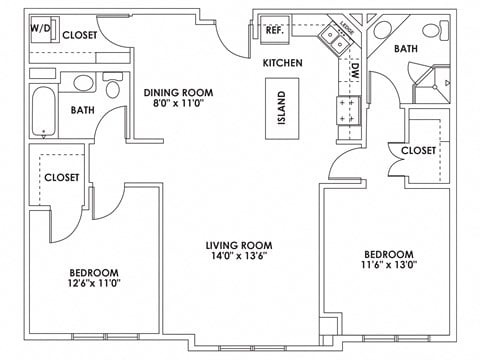 Floor plan for 2 beds, 2 baths, 1165 sqft