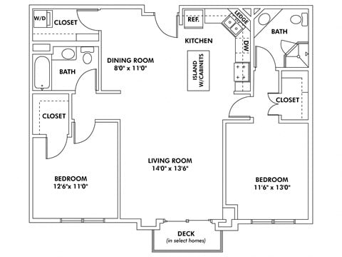 Floor plan for 2 beds, 2 baths, 1165 sqft