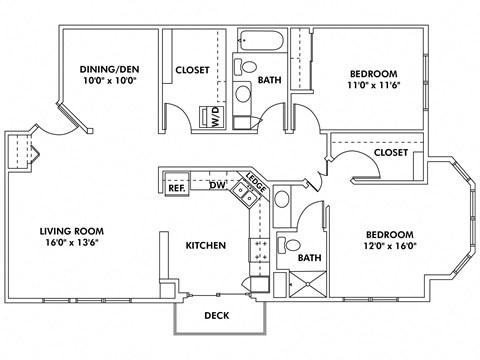 Floor plan for 2 beds, 2 baths, 1265 sqft