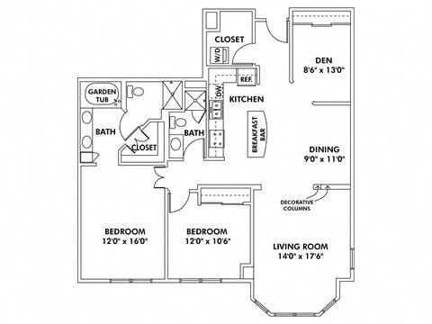 Floor plan for 2 beds, 2 baths, 1395 sqft