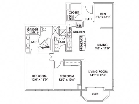 Floor plan for 2 beds, 2 baths, 1370 sqft