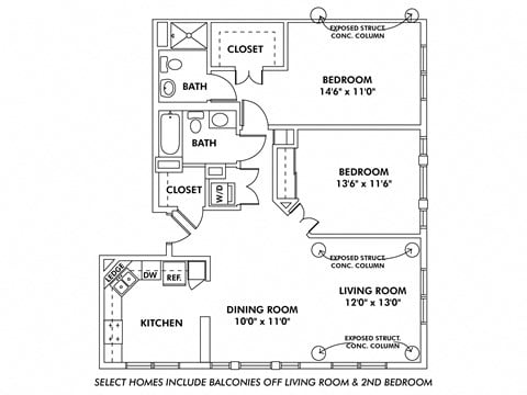 Floor plan for 2 beds, 2 baths, 1210 sqft