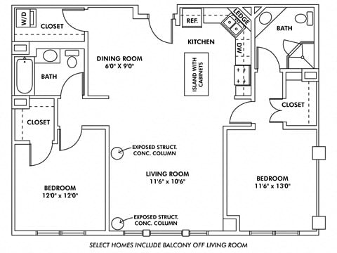 Floor plan for 2 beds, 2 baths, 1115 sqft