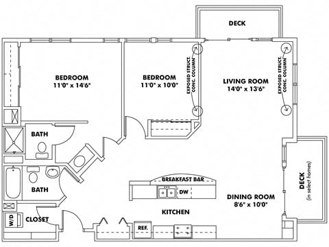 Floor plan for 2 beds, 2 baths, 1300 sqft