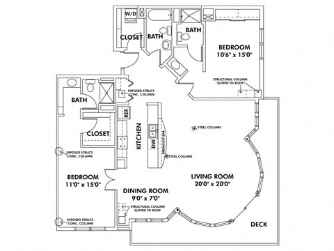 Floor plan for 2 beds, 3 baths, 1640 sqft