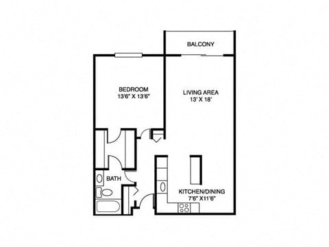 Floor plan for 1 bed, 1 bath, 824 sqft