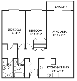 Floor plan for 2 beds, 2 baths, 1068 sqft