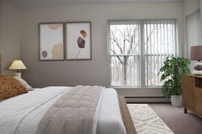 Plymouth apartment for rent - A bedroom with a large bed and two framed artworks on the wall.