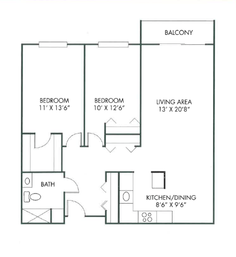 Floor plan for 2 beds, 1 bath, 1018 sqft