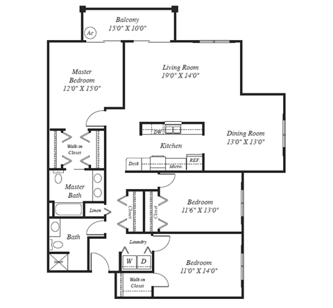 Floor plan for 3 beds, 2 baths, 1645 sqft