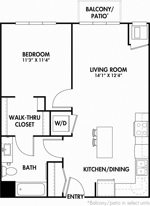 Floor plan for 1 bed, 1 bath, 709 sqft