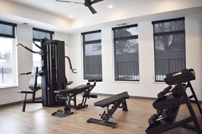 Inver Grove Heights townhouse for rent - A gym with a variety of equipment including a bench, a leg press machine, and a rowing machine.