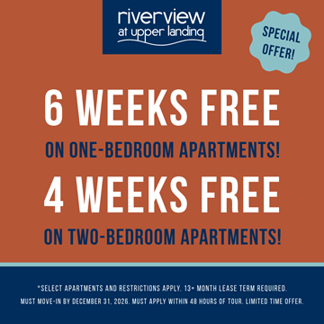 St. Paul apartment for rent - An advertisement for Riverview at Upper Landing offers free weeks for apartments.