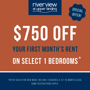 St. Paul apartment for rent - An advertisement for a $750 off first month's rent offer at Riverview at Upper Landing.