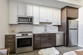 Richmond apartment for rent - A modern kitchen with a stainless steel refrigerator and oven at The Carousel, Richmond, Virginia