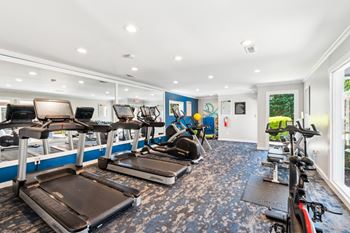 A gym with treadmills, exercise bikes, and elliptical machines.