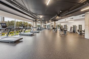 A gym with treadmills and other exercise equipment