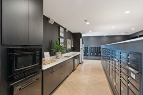 Richmond apartment for rent - A modern kitchen with black cabinets and wooden floors at South Falls Tower Apartments, Richmond, VA