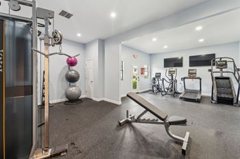 A gym with a variety of equipment including a squat rack, bench, and weights.