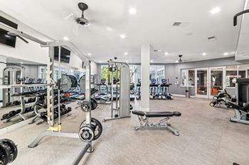 A spacious gym with a variety of equipment.