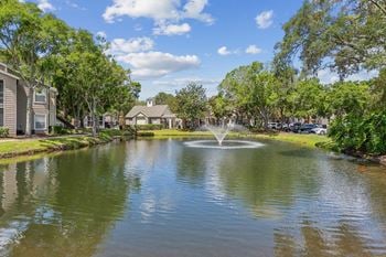 A fountain in the middle of a pond with houses on the other side